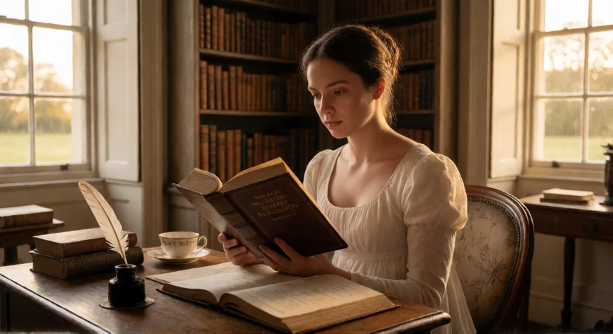 consejos para señoritas de mary bennet, Joven señorita de la era regencia leyendo un tratado moral en una biblioteca inglesa