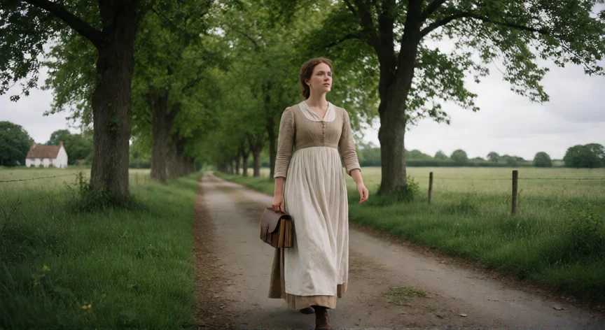 consejos para señoritas de mary bennet, Señorita regencia caminando con determinación por un camino rural inglés con libros al hombro