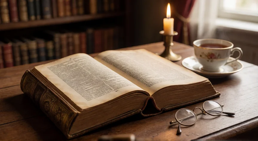 consejos para señoritas libro, Libro antiguo abierto de consejos para señoritas sobre mesa de madera con té y gafas