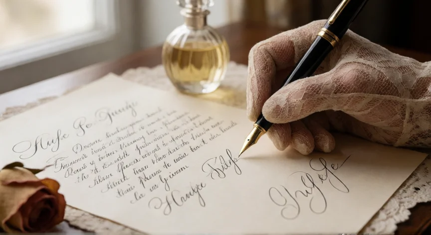 consejos para señoritas libro, Mano femenina escribiendo carta formal con pluma de bola sobre papel crema