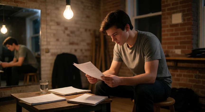 consejos para ser actor, Actor ensayando solo en un taller de teatro con un guion a la luz cálida