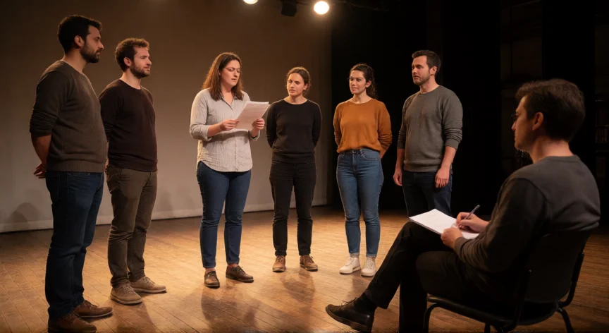 consejos para ser actriz, Grupo de actores ensayando en un escenario con luz de rodaje
