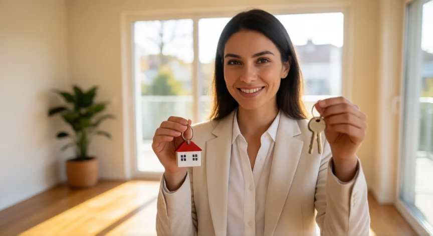consejos para ser agente inmobiliario, Agente inmobiliario sonriente entregando llaves en un salón moderno y luminoso