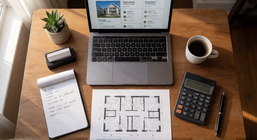 consejos para ser agente inmobiliario, Escritorio de agente inmobiliario con planos, portátiles y notas de captaciones