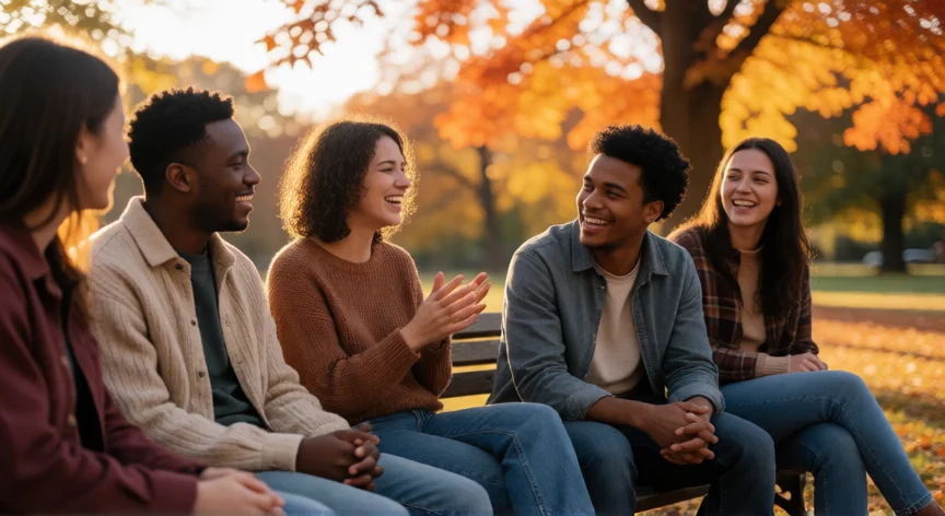 consejos para ser alguien en la vida, Grupo de amigos conversando en un banco del parque al atardecer