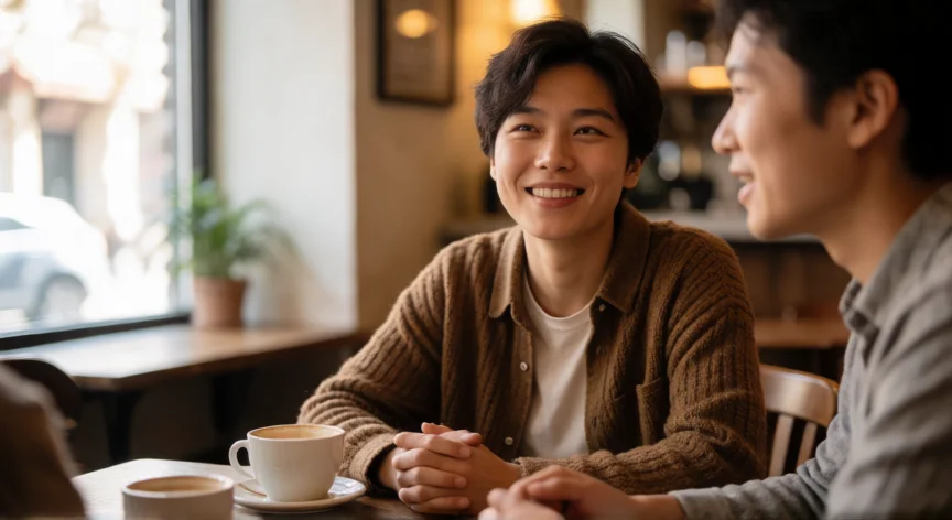 consejos para ser amable, Dos personas conversando con empatía en una cafetería