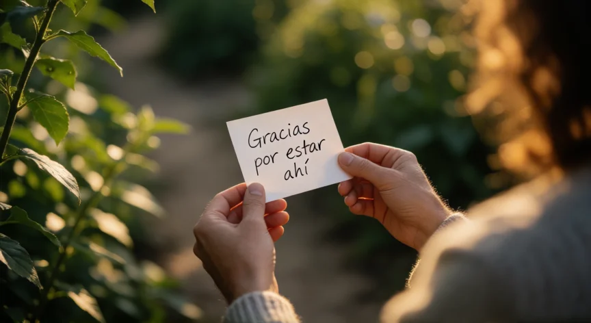 consejos para ser amable, Persona sosteniendo una nota de agradecimiento en un jardín