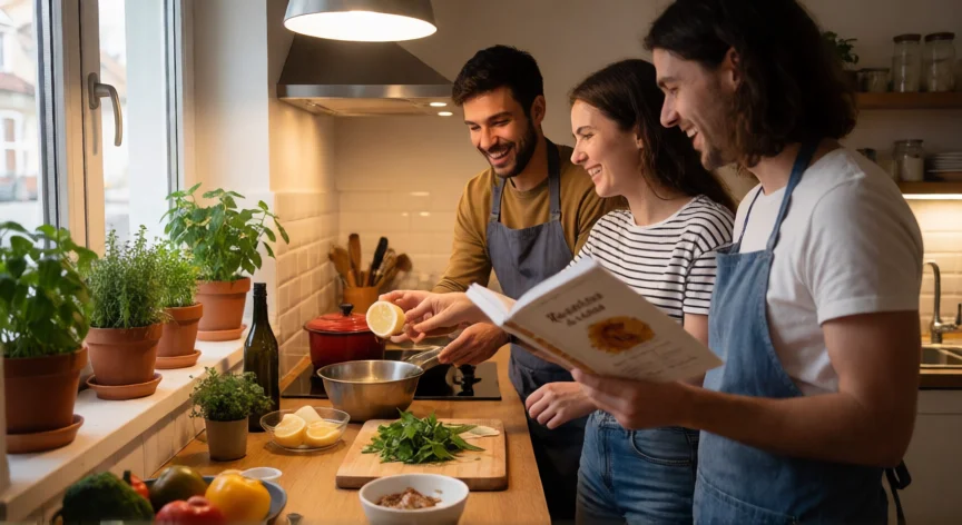 consejos para ser amigos, Amigos cocinando juntos y riendo en una cocina acogedora