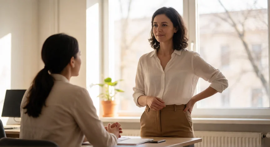 consejos para ser asertivo, Mujer asertiva manteniendo una conversación respetuosa en la oficina