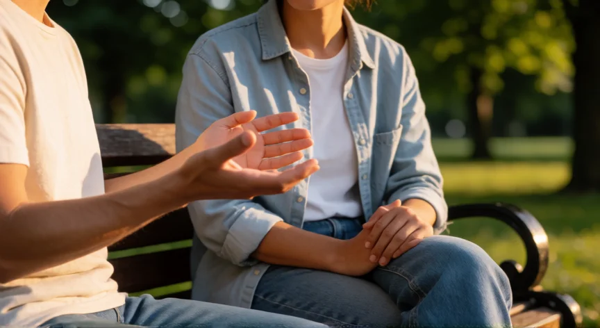 consejos para ser asertivo, Dos personas conversando con asertividad y respeto en un parque al atardecer