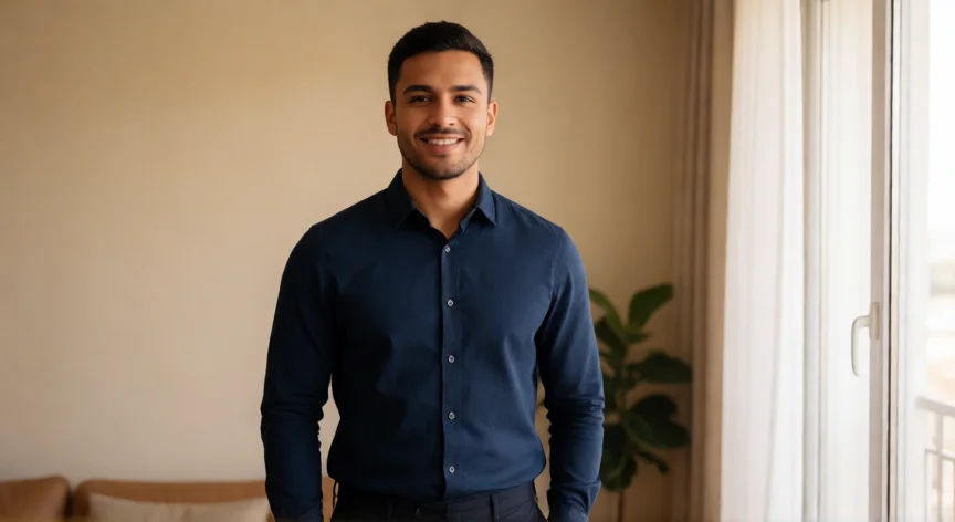 Hombre con buena postura y sonrisa genuina, ejemplo de atractivo natural