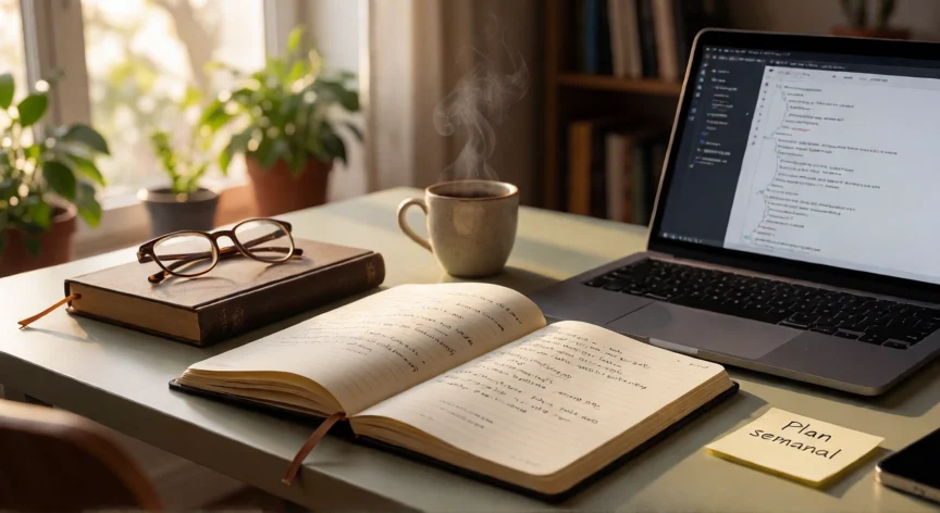 consejos para ser autodidacta, Escritorio de estudio en casa con apuntes, libro y portátil abierto en una tarde soleada