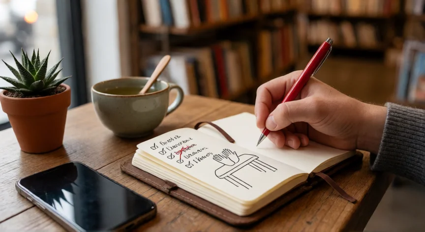 consejos para ser autodidacta, Manos escribiendo en un cuaderno de planificación en una mesa de madera con té verde