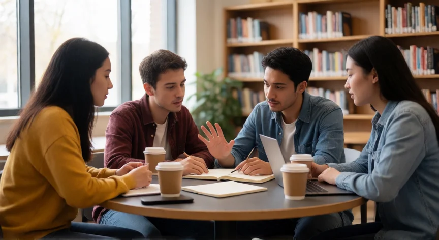 consejos para ser buen estudiante, Grupo de estudiantes universitarios estudiando juntos en una biblioteca