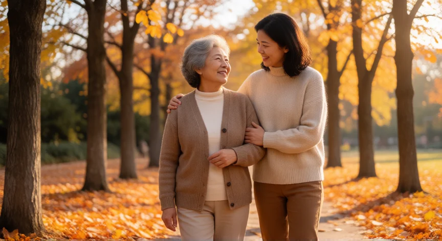 consejos para ser buen hijo, Hija adulta caminando y abrazando a su madre anciana por un paseo en otoño