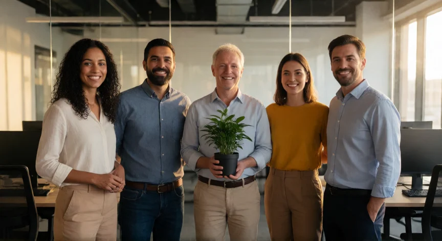 consejos para ser buen jefe, Equipo celebrando un logro juntos en la oficina con ambiente cálido