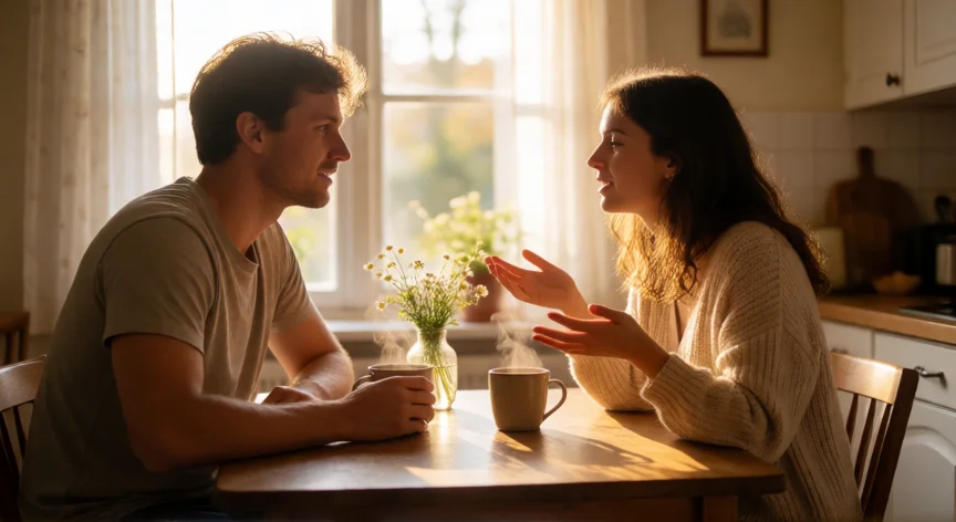 consejos para ser buen novio, Pareja compartiendo café y conversación atenta en la cocina un domingo por la mañana
