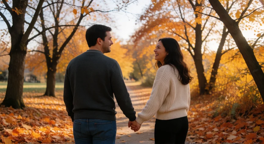 consejos para ser buen novio, Pareja caminando de la mano por un camino arbolado en otoño riendo juntas