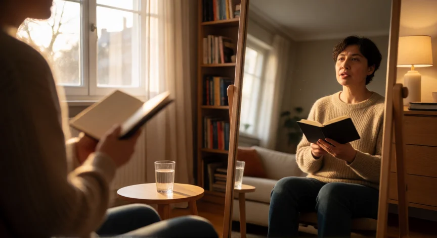 consejos para ser buen orador, Persona ensayando su discurso frente al espejo en su casa