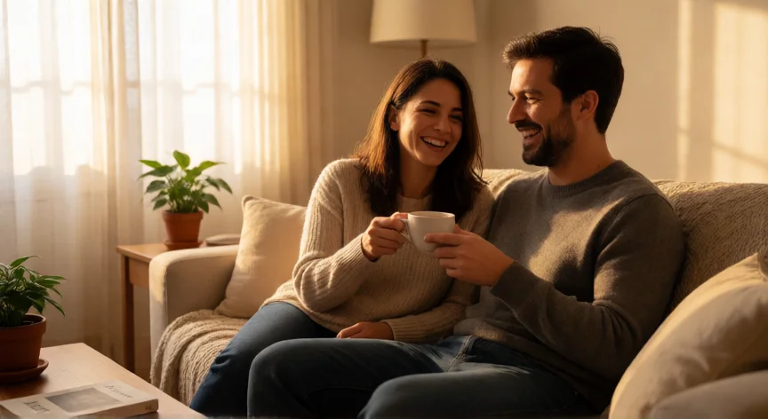 Pareja compartiendo un momento de complicidad en el sofá con café