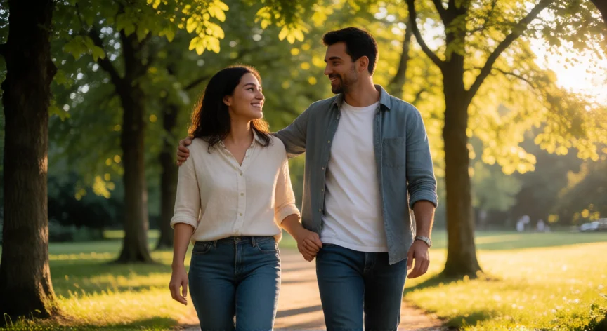 consejos para ser buena esposa y madre, Pareja paseando de la mano por un parque al atardecer