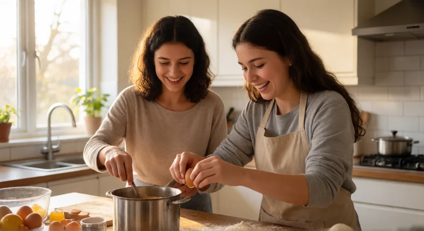 consejos para ser buena madre, Madre e hija adolescente cocinando juntas en la cocina riendo