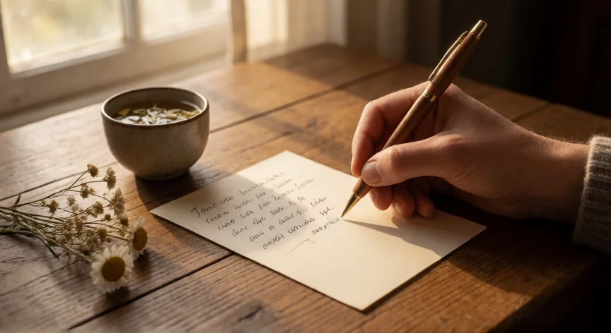 consejos para ser buena persona, Mano escribiendo una nota de agradecimiento en una mesa de madera con luz natural