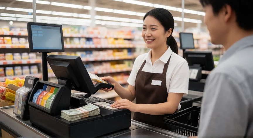 consejos para ser cajero, Cajera sonriente atendiendo a un cliente en la caja de un supermercado moderno