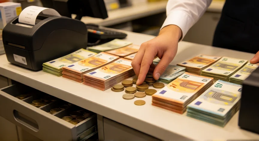 consejos para ser cajero, Manos de un cajero contando billetes y monedas durante el cierre de caja