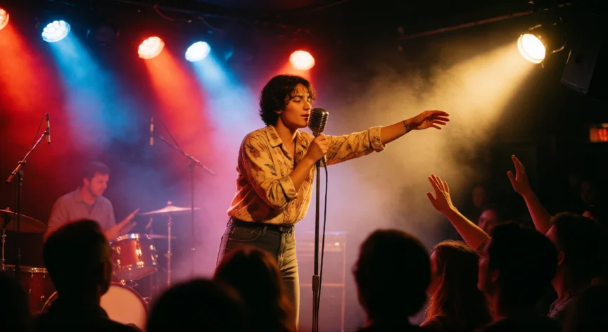 consejos para ser cantante, Cantante actuando en un concierto íntimo con iluminación de escenario