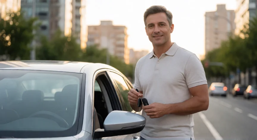 consejos para ser conductor de uber, Conductor de Uber profesional junto a su vehículo en una calle urbana al atardecer