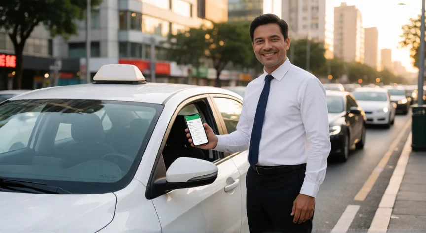 Conductor de Didi junto a su coche limpio en calle urbana