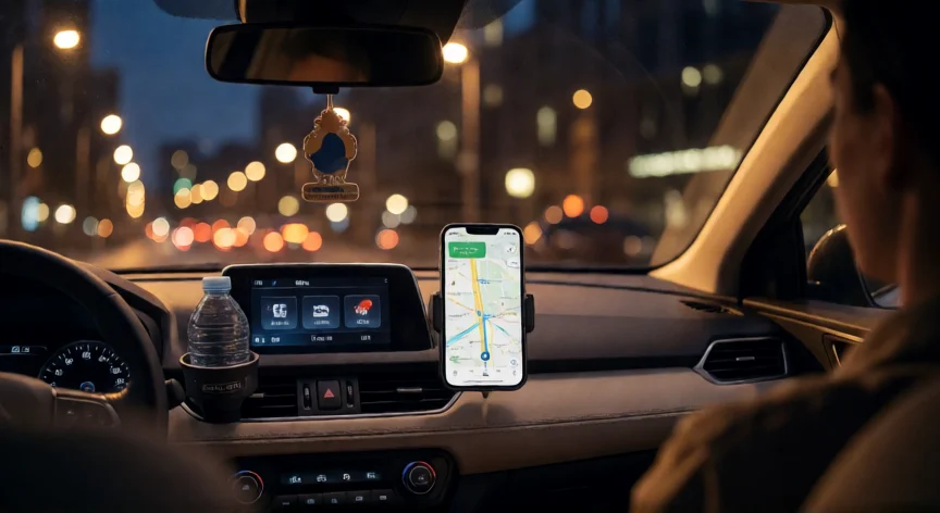 consejos para ser conductor didi, Interior de coche de conductor Didi de noche con GPS activo
