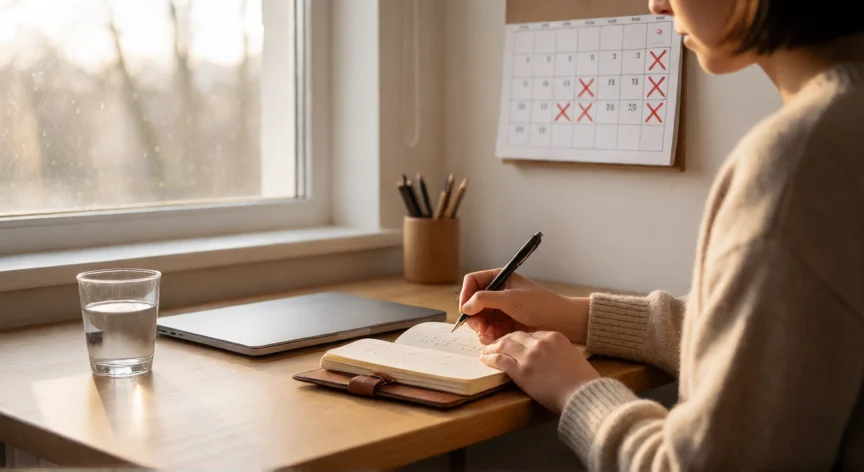 consejos para ser constante, Persona manteniendo un registro diario de hábitos en un calendario de constancia