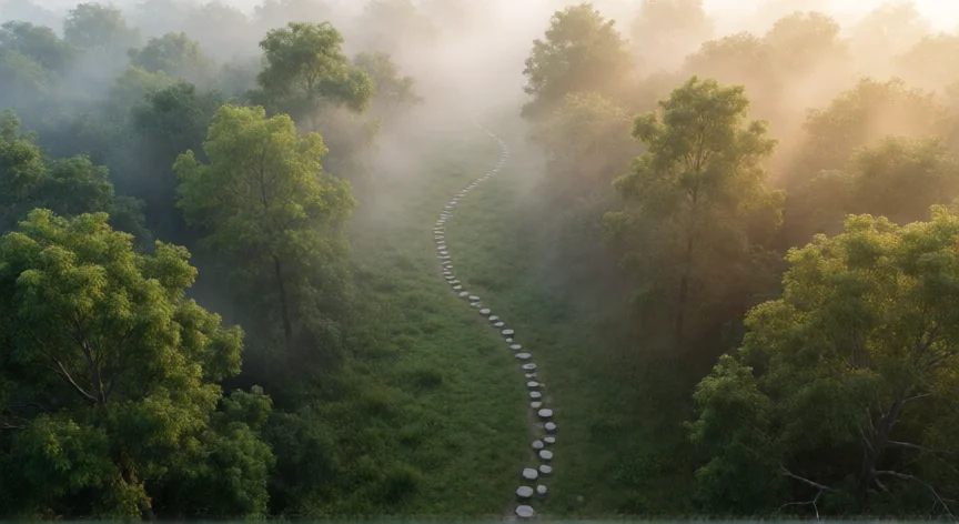 consejos para ser constante, Sendero forestal que representa la constancia como camino continuo con pequeños ajustes