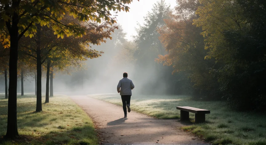 consejos para ser constante en el ejercicio, Persona caminando con determinación por un parque en la mañana