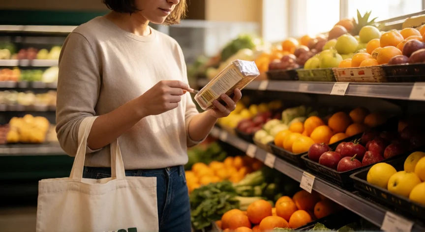 consejos para ser consumidor responsable, Persona leyendo etiquetas de productos en un supermercado con bolsa reutilizable