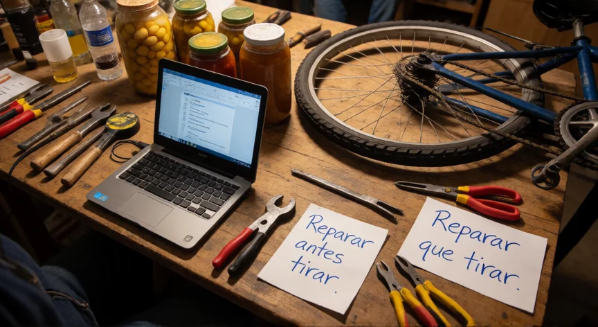 consejos para ser consumidor responsable, Mesa de taller de reparación comunitaria con herramientas y productos en proceso