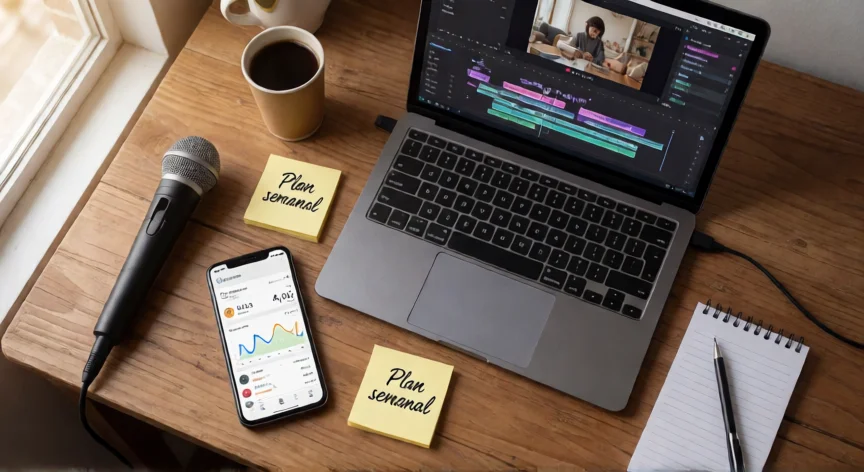 consejos para ser creador de contenido, Espacio de trabajo de creador de contenido con planificador y herramientas