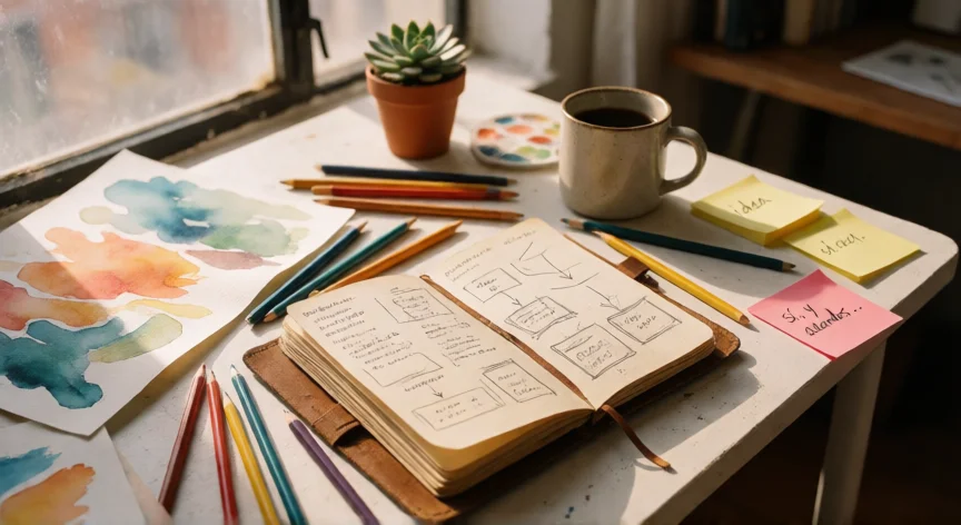 Mesa de trabajo creativa con cuaderno de bocetos, acuarelas y notas adhesivas en una habitación luminosa