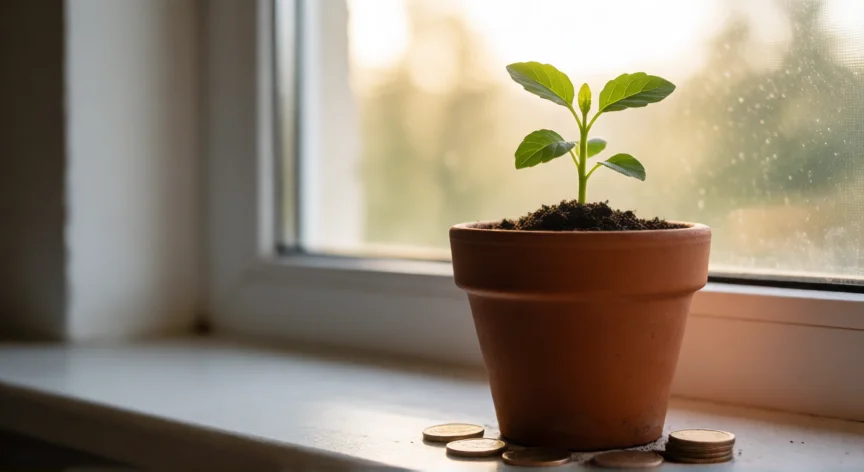 consejos para ser dinero, Planta pequeña con monedas alrededor simbolizando el crecimiento del ahorro e inversión