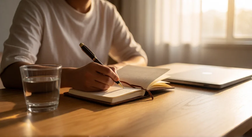 consejos para ser disciplinado, Persona escribiendo en un diario matutino con luz natural, símbolo de rutina disciplinaria