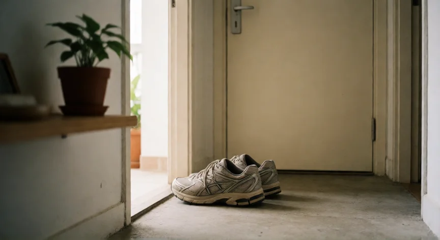 consejos para ser disciplinado, Zapatillas de deporte junto a una puerta, símbolo de preparación y constancia diaria