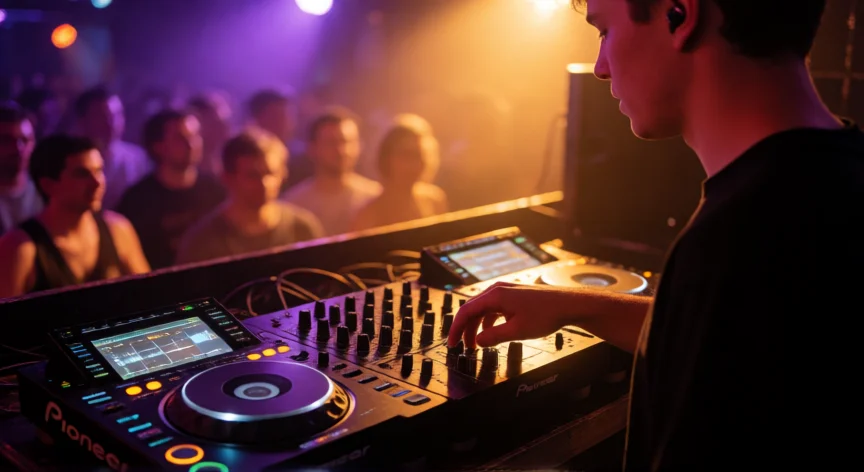 consejos para ser dj, DJ pinchando en cabina de club con controladora Pioneer bajo luces cálidas