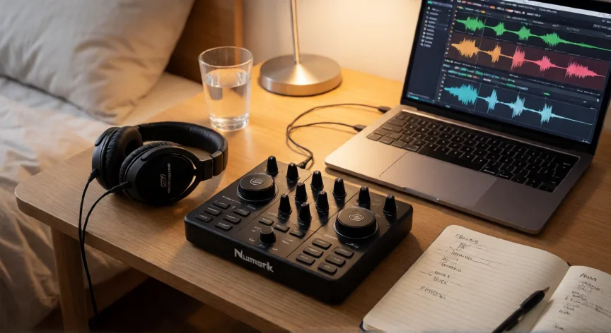 consejos para ser dj, Setup de práctica en casa con controladora, auriculares y notebook para planificar sesiones DJ