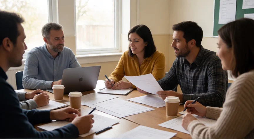 consejos para ser docente, Grupo de docentes en reunión de equipo compartiendo materiales y reflexionando sobre su práctica