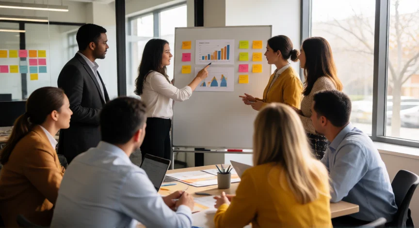 consejos para ser el mejor en tu trabajo, Equipo de profesionales colaborando en una oficina moderna con pizarra de notas