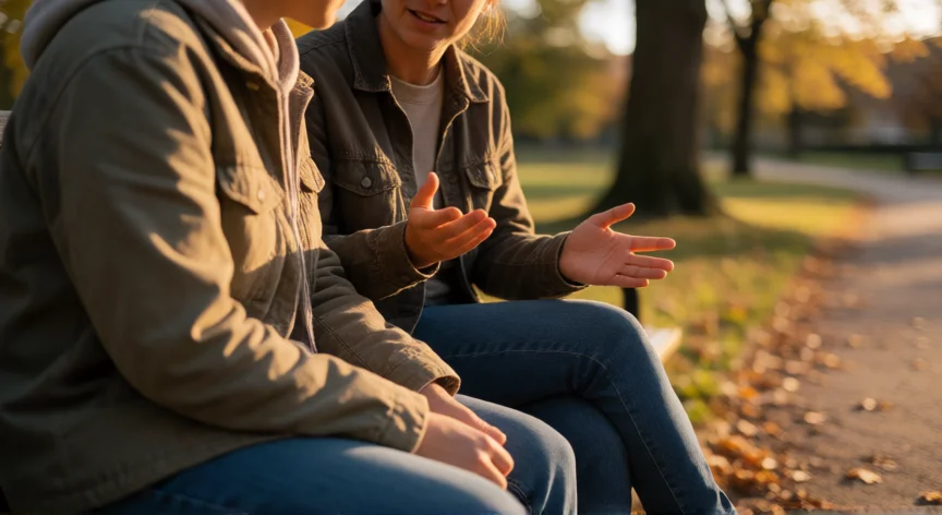 consejos para ser empaticos, Dos personas conversando con atención y conexión emocional en un banco de parque