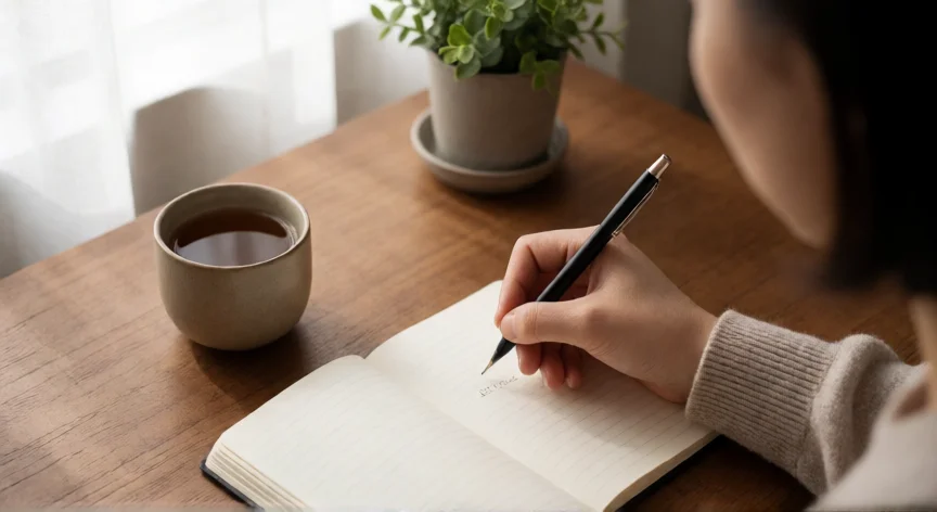 consejos para ser empaticos, Persona reflexionando y escribiendo en una libreta en un escritorio acogedor