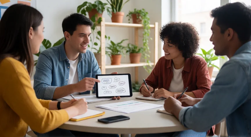 consejos para ser emprendedor, Equipo pequeño reunido en oficina de startup colaborando sobre una idea de negocio